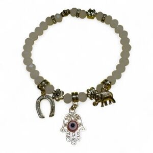 Hand Crafted Glass Beaded Charm Bracelet O/S Stretchy White Elephant NEW